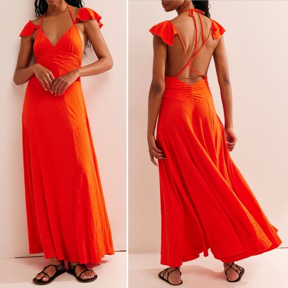 NEW WITH TAGS NWT FREE PEOPLE LOUISA MAXI DRESS TANGERINE TANGO RED CUTOUT BACK - Picture 1 of 6